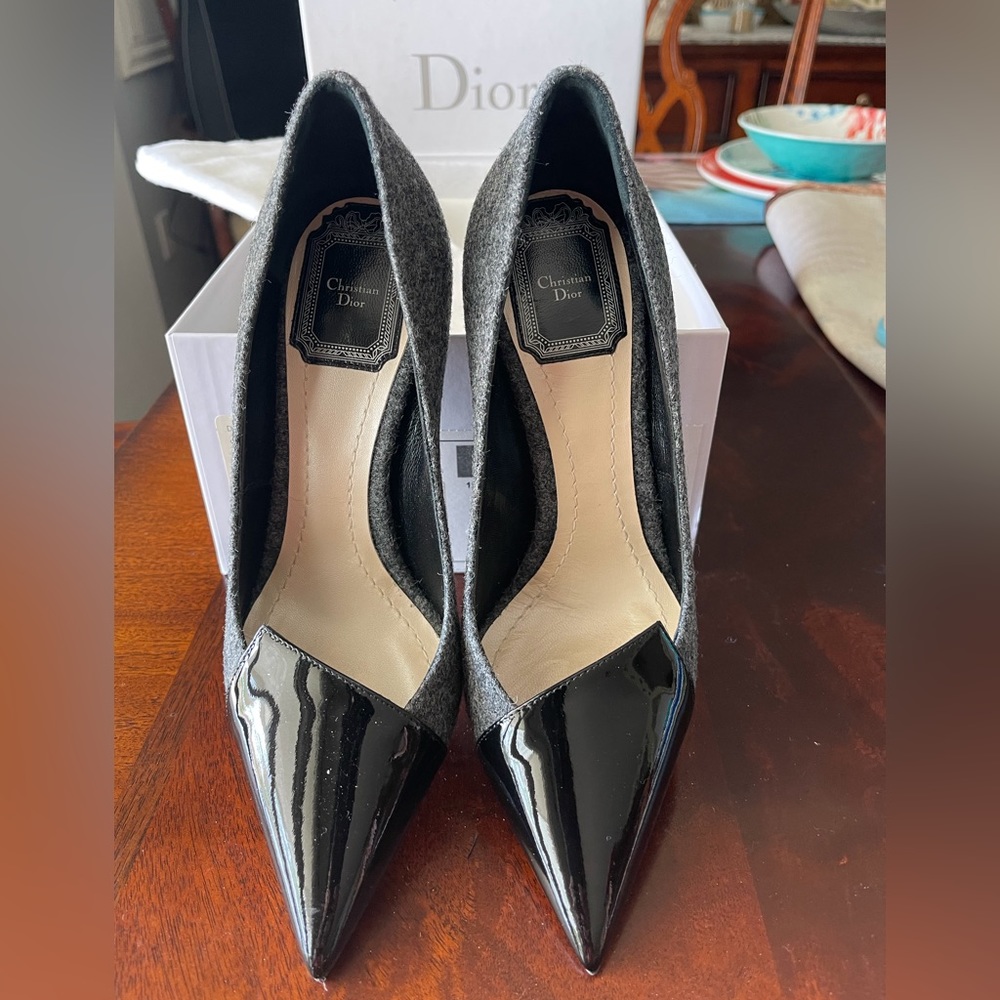 Used Dior Flanel & Patent Designer pumps. Black and gray